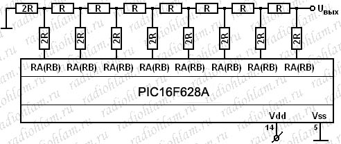 Схема ЦАП R-2R на микроконтроллере PIC