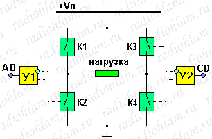 схема h-моста с общим управлением противофазными ключами