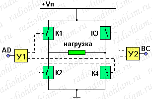 схема h-моста с общим управлением синфазными ключами